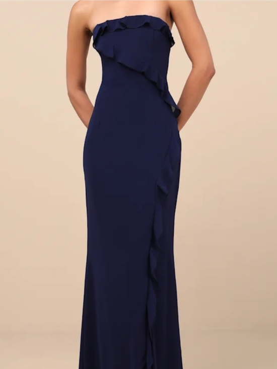 Lulus Dresses & Skirts - Lulu's Strapless Navy Ruffle Column Gown